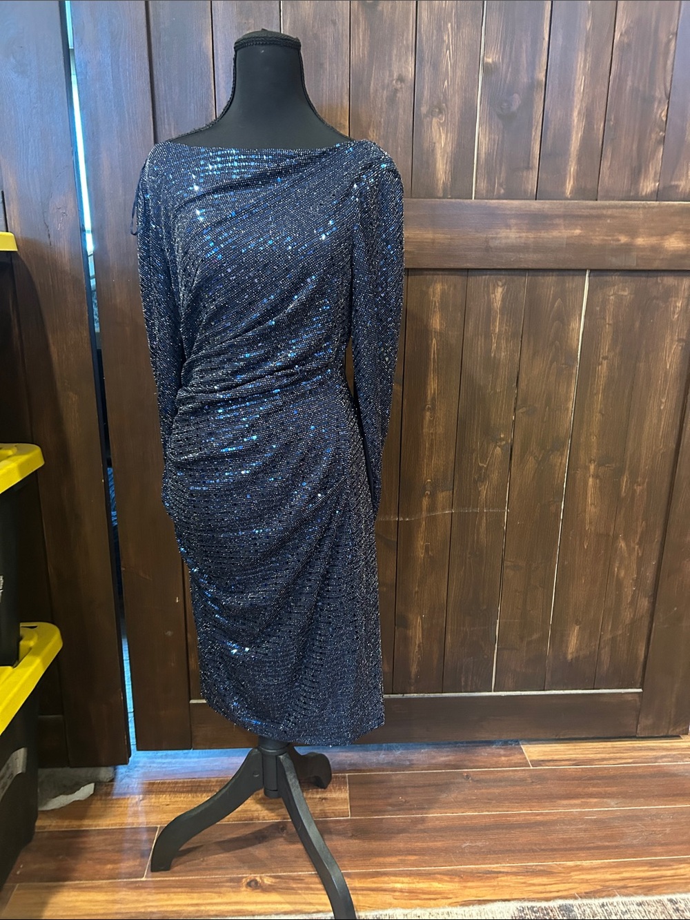 R&M Richards Navy Sequin Long Sleeve Ruched Cocktail Dress